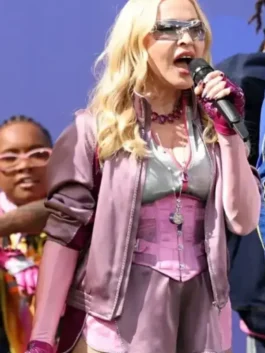 Front view of the light purple FIFA World Cup Final Madonna Jacket highlighting the secure zipper closure and two side pockets.