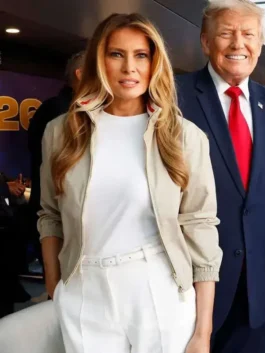 Elegant beige cotton Melania Trump World Cup Final Jacket featuring a stand up collar and front zipper closure.