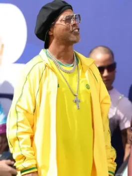 Vibrant yellow polyester World Cup 2026 Final Ronaldinho Jacket featuring a bold stand up collar and front zipper closure.