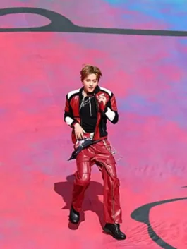 Front view of the multicolor World Cup Halftime Show BTS V Jacket highlighting the clean tailored cut and long sleeves.