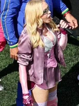 Close-up profile of the light purple satin FIFA World Cup Final Madonna Jacket showing the refined stand up collar and hardware.