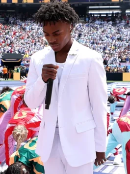 Premium white suiting fabric FIFA World Cup 2026 IShowSpeed White Suit featuring a sleek lapel collar and clean button closure.