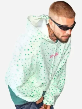 Front view of the white Justin Bieber FIFA World Cup Final Hoodie highlighting the full zipper front and kangaroo pockets.