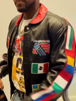 Black Fabolous World Cup Leather Jacket worn by Fabolous celebrating the 2026 FIFA World Cup through bold flag inspired leather design