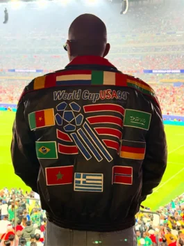 Back view of the black Fabolous World Cup Leather Jacket revealing the full flag inspired design of this iconic Fabolous World Cup piece