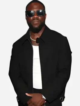 Front view of the black cotton Fanatics Fest Kevin Hart Black Jacket showcasing full length sleeves and clean jacket tailoring.