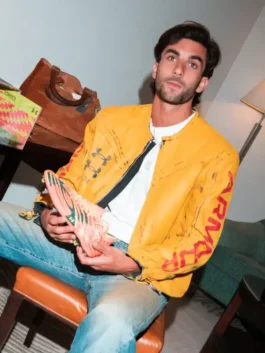 Close-up front view of the yellow Ferran Torres Leather Jacket detailing the secure zipper closure and clean stitching.