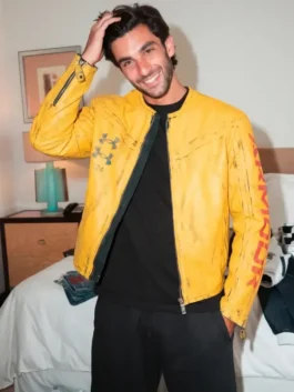 Bright yellow real leather Ferran Torres Under Armour 424 Yellow Leather Jacket featuring a round neck collar and front zipper closure.