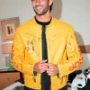 Full front profile of the yellow leather Ferran Torres Jacket showcasing the minimalist collar design and side pockets.