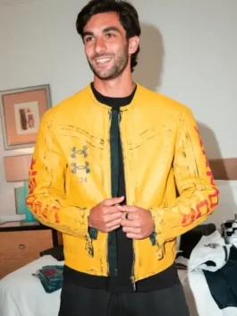 Full front profile of the yellow leather Ferran Torres Jacket showcasing the minimalist collar design and side pockets.