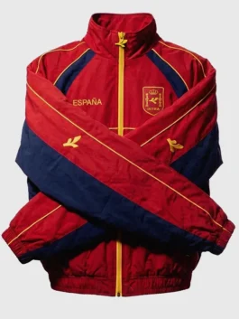 Front view of the red Harper Beckham Intra Spain Jacket highlighting the cotton fabric and metal zipper.