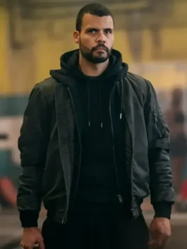 Howard Charles Bomber Jacket in premium black cotton with a rib knitted collar and secure zipper closure.