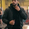 Front view of the Fightland Howard Charles Bomber Jacket highlighting the black cotton fabric and metal zipper.