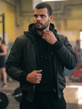 Front view of the Fightland Howard Charles Bomber Jacket highlighting the black cotton fabric and metal zipper.