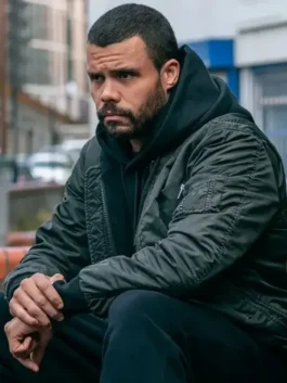 Black cotton Fightland Howard Charles Bomber Jacket featuring comfortable rib knitted cuffs and full sleeves.