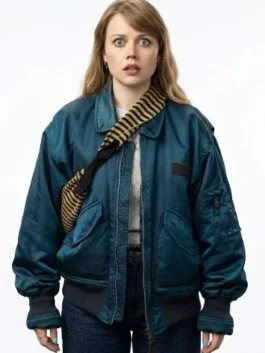 Full front profile of the blue satin Angourie Rice Finding Emily Bomber Jacket highlighting three convenient utility pockets.