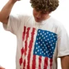 White polyester Gabriel LaBelle Snack Shack USA Flag T-Shirt with casual half-length sleeves and sleek drape.