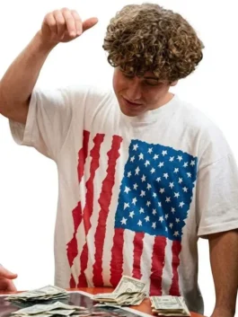 White polyester Gabriel LaBelle Snack Shack USA Flag T-Shirt with casual half-length sleeves and sleek drape.
