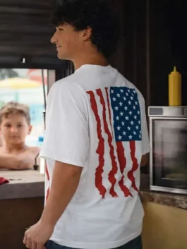 Gabriel LaBelle Snack Shack USA Flag T-Shirt in premium white polyester featuring a classic round neck collar.