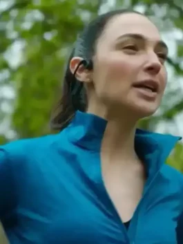 Front view of the blue The Runner Gal Gadot Jacket highlighting the sleek zipper front and full-length sleeves.