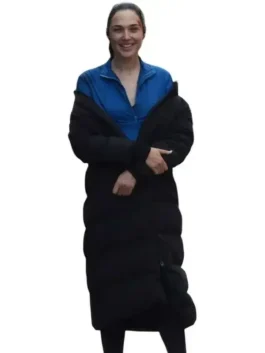 Sleek black parachute Gal Gadot The Runner Puffer Coat featuring a cozy stand up collar and front zipper closure.