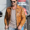 Classic brown real leather Gerard Butler Brown Leather Jacket featuring a sharp shirt style collar and clean zipper front.