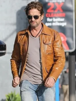 Classic brown real leather Gerard Butler Brown Leather Jacket featuring a sharp shirt style collar and clean zipper front.