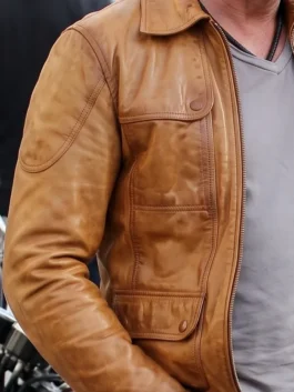 Brown genuine leather Gerard Butler jacket showing the four functional outside pockets and secure stitching.