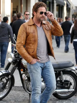 Full front profile of the Gerard Butler Brown Leather Jacket in rich brown leather showcasing its masculine drape.