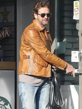 Front view of the Gerard Butler Mens Brown Leather Jacket highlighting the robust leather texture and full sleeves.