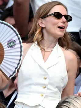 White Geri Halliwell 2026 White Vest spotted on Geri Halliwell at the 2026 Wimbledon championship bringing Spice Girl elegance to the tennis stage