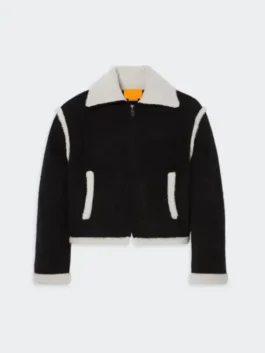 Black wool Gigi Hadid Guest In Residence Seoul Opening Jacket featuring a turn down collar and front zipper closure.