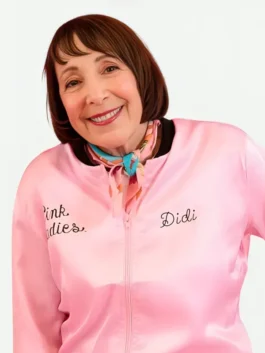 front profile of the pink satin Grease The Immersive Movie Musical Didi Conn Jacket highlighting rib knitted collar and full length sleeves.
