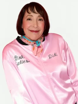 front view of the pink satin Grease The Immersive Movie Musical Didi Conn Jacket showing clean seams and smooth satin finish.
