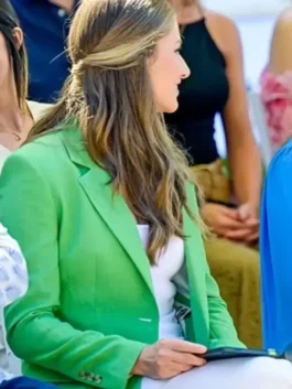 Vibrant green suiting fabric Princess Leonor Green Blazer featuring a lapel collar and crisp button closure.