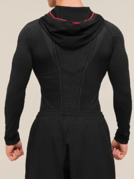 Back view of the black Gymshark Onyx Zip Hoodie highlighting the clean athletic fit and polyester drape.