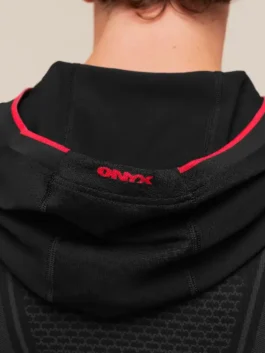 Front view of the black Gymshark Onyx Zip Hoodie showcasing the sporty zipper and cozy full sleeves.