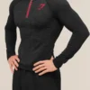 Black Gymshark Onyx Zip Hoodie in premium polyester featuring a comfortable hooded collar and a half zip closure.