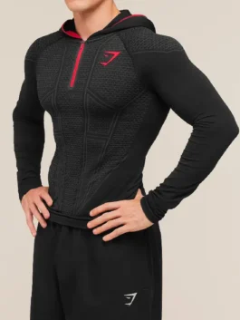 Black Gymshark Onyx Zip Hoodie in premium polyester featuring a comfortable hooded collar and a half zip closure.