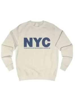 Front view of the grey Hailey Bieber NYC Sweatshirt showcasing full length sleeves and ribbed crew neck.