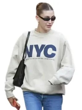 Grey fleece fabric Hailey Bieber NYC Sweatshirt featuring a classic round neck collar and pullover style.