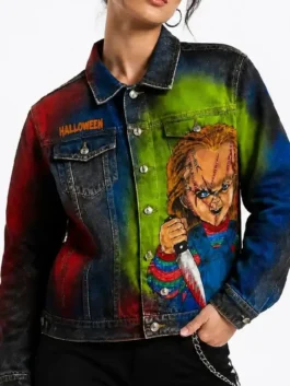 Front model view of the multicolor Chucky Denim Jacket celebrating the iconic Halloween horror character Chucky in bold denim streetwear style