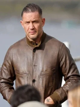 Brown real leather Mobland Tom Hardy Brown Leather Jacket featuring a rib knitted collar and front button closure.