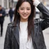 Black real leather Head Over Heels Cho Yi-hyun Leather Jacket showcasing full length sleeves and a tailored fit.