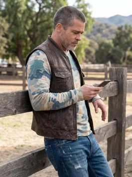 Brown real leather Heart of the Beast 2026 Brad Pitt Vest highlighting the sleek zip closure and knitted neck.