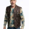 Brad Pitt Brown Vest in premium real leather with a rib knitted collar and a smooth front zipper.