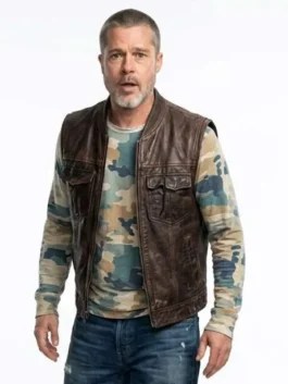 Brad Pitt Brown Vest in premium real leather with a rib knitted collar and a smooth front zipper.