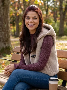 Beige shearling fabric Ransom Canyon Heidi Grace Shearling Vest featuring a cozy hooded collar and front buckle closure.