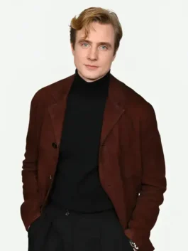 Front view of the brown suede Henry Ashton A Knight of the Seven Kingdoms Brown Blazer showcasing full length sleeves and crisp blazer tailoring.