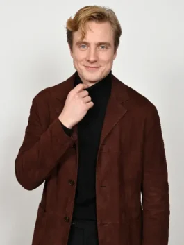 Close-up front profile of the brown suede Henry Ashton A Knight of the Seven Kingdoms Brown Blazer detailing the lapel collar and front buttoning.